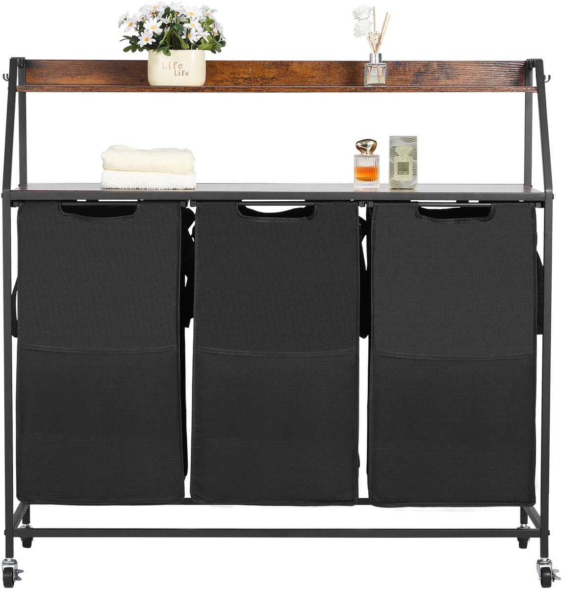 Wasmand, met 2 Niveaus met Metalen Frame en Houten Top, Rollende Mand met 3 Compartimenten, Ladderplanken en Duurzame 600D Oxford-Stoffen Tassen voor Het Sorteren van Kleding — afbeelding 1