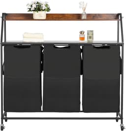 Wasmand, met 2 Niveaus met Metalen Frame en Houten Top, Rollende Mand met 3 Compartimenten, Ladderplanken en Duurzame 600D Oxford-Stoffen Tassen voor Het Sorteren van Kleding — thumbnail 1