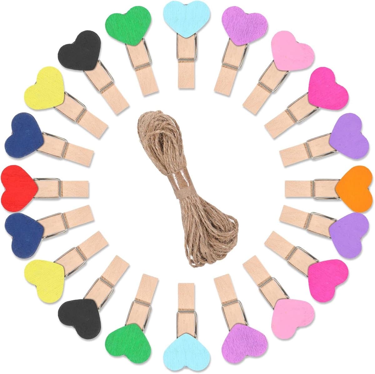 Pack of 50 Kleine Houten Klemmen - Mini Hart Clips met 10 m Jute Touw - Kleurige Kleine Kleding Klemmen - Foto Houder - 3.5 x 0.8 cm - Multifunctionele Mini Clips voor Foto’s en Postkaarten — afbeelding 1
