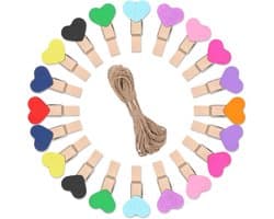 Pack of 50 Kleine Houten Klemmen - Mini Hart Clips met 10 m Jute Touw - Kleurige Kleine Kleding Klemmen - Foto Houder - 3.5 x 0.8 cm - Multifunctionele Mini Clips voor Foto’s en Postkaarten
