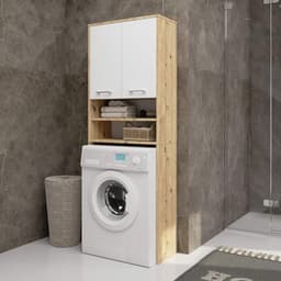 Wasmachine-ombouwkast met 2 deuren | Bovenbouwkast 64 cm | Hoge Wasmachinekast | Opbergkast voor Badkamer | Wit Artisan-eiken — thumbnail 2