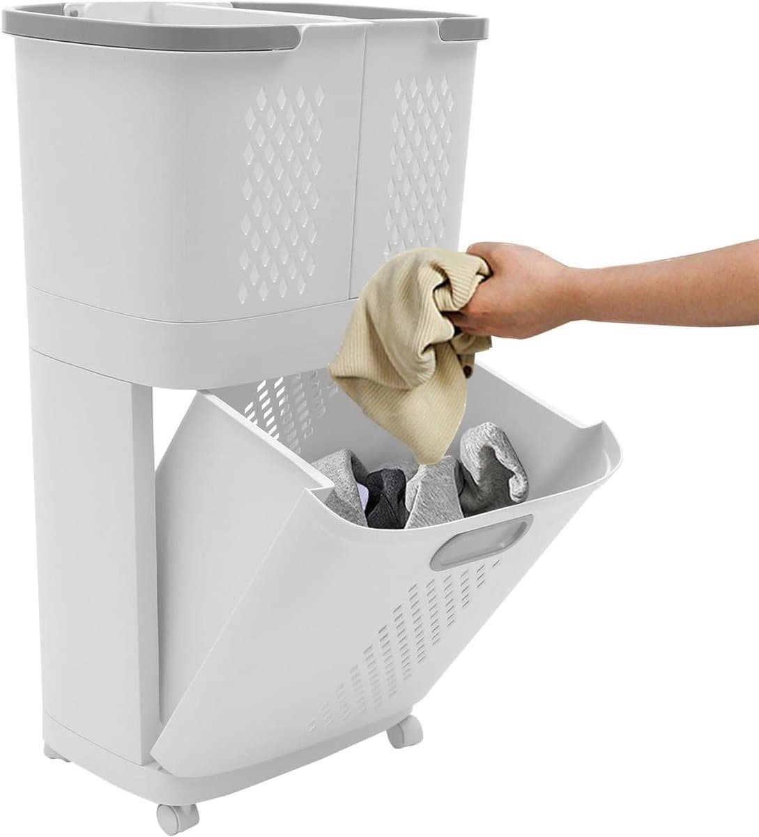Wasmand met wielen - Waswagen Sorteer mand - Kleding sorteren - Afneembare manden - 44x31x745 cm - Grijs en wit — afbeelding 1