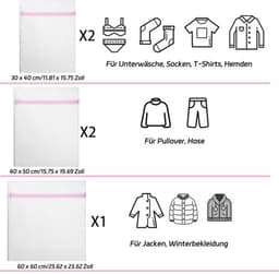 Wasnet 5 Stuks - Fijnmazig Beschermnet - Waszakken met Ritssluiting - Opvouwbaar - Polyester - 3 Maten (30x40 cm, 40x50 cm, 60x60 cm) - Waszak — thumbnail 4