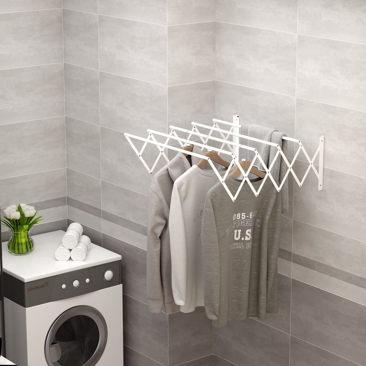 OKWISH Wandtrockner – Uitrekbaar En Opvouwbaar – 63,5 X 60 X 20 Cm – Metaal – Wit – Ruimtebesparende Wandmontage Voor Binnen En Buiten — afbeelding 1