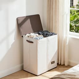 JCP® Wasmand - 145L - Wasmand 2 Vakken - Wasmand met Deksel - Gebroken Wit - 58cm x 38cm x 67cm — thumbnail 4