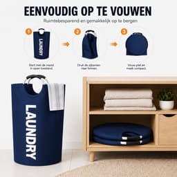 BOTC Wasmand - Waszak - Laundry basket - Wassorteerder - 38x63 cm - waszak vouwbaar - draagbaar wasbox - Donkerblauw — thumbnail 2