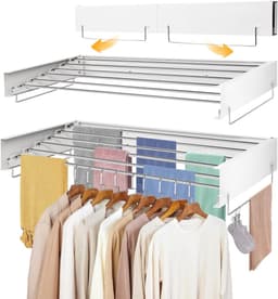 Droogrek Wandmodel - Uitschuifbaar Droogrek - Kleding Drogen - Roestvrij Staal - 6 Meter Drooglijn - Wit — thumbnail 1