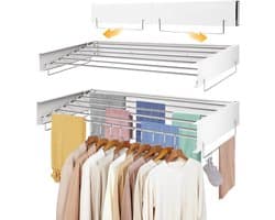 Droogrek Wandmodel - Uitschuifbaar Droogrek - Kleding Drogen - Roestvrij Staal - 6 Meter Drooglijn - Wit