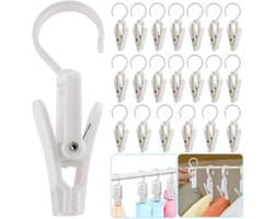 Set van 20 washaakjes met clips – Washaakjes met klem – Ophanghaken – Opbergclips voor de kast – Kunststof – Wit
