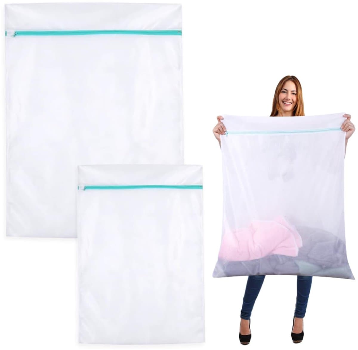 Wasnet voor Wasmachine 60 x 80cm + 90 x 110cm Waszakken in Fijnmazig Polyester Waszak voor Wasmachine met Verborgen Ritssluiting voor Dekens, Jassen, Gordijnen, Lakens en Knuffels (Wit) — afbeelding 1