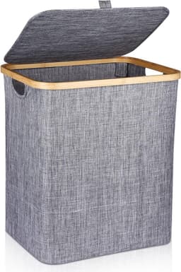 Wasmand - Grote opvouwbare wasbox met deksel 60 liter - Grijs organiser voor badkamer en kleding wasmand — thumbnail 2