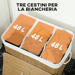 Wasmand Bamboe met deksel - 144 liter capaciteit - 3 aparte vakken - Afneembare wasbare binnenzak - Met handgrepen - Bruine kleur — thumbnail 5