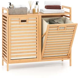 COSTWAY Dubbele wasmand, draaibaar, 75 liter, bamboe wasverzamelaar met 2 afneembare containers, handgrepen, vrijstaande badkamerkast, 80 x 30 x 72 cm, voor wasruimte, badkamer, slaapkamer — thumbnail 1