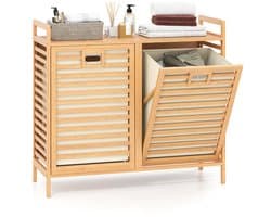 COSTWAY Dubbele wasmand, draaibaar, 75 liter, bamboe wasverzamelaar met 2 afneembare containers, handgrepen, vrijstaande badkamerkast, 80 x 30 x 72 cm, voor wasruimte, badkamer, slaapkamer