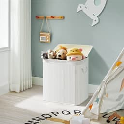 SONGMICS - Wasmand 150 liter - 3 sorteervakken - 60x40x61.5 - bamboe met stof - wit LCB091W01 — thumbnail 2
