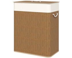 Waskorf - 100L - Wasmand met Deksel - Touw Handvat - Verwijderbare Waszak - Bambus - Bruin