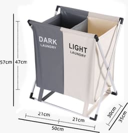 Wassorteerder - 60 L - Wasmand 2 Vakken - Opvouwbare Wasmanden - Wassorteerder 2 vaks - Aluminium Frame - Grijs - Wit — thumbnail 3