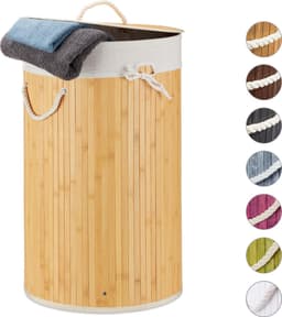 wasmand bamboe - 70 l - opvouwbaar - met deksel en katoenen waszak - Ø 41 cm - grijs — thumbnail 4