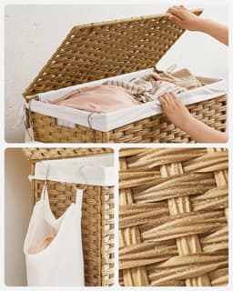 Handgeweven wasmand 140 l rotan-imitatie 3-delig afneembare zak deksel handgrepen eenvoudige montage woonkamer badkamer 66 x 33 x 60 cm houtkleur LCB363N01 — thumbnail 4