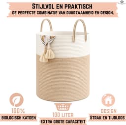 Woning Decor® Wasmand 100L XXL – Katoenen Wasmand – Opbergmand – Wassorteerder – Beige/Wit — thumbnail 4