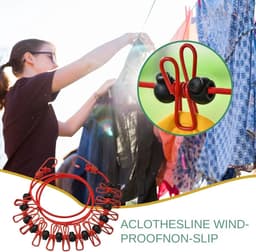 Waslijn met Klemmen - Drogkoord Reizen - Kleding Droge Buiten - Winddicht Antislip Design - 3.7 Meter Uitschuifbaar - Rood — thumbnail 5