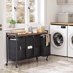 Wassorteerder met 4 afneembare zakken, plank en wielen - 4x 39,8 liter - Sorteerwasmand voor kleur en materiaal - Inklapbare waswagen met handvatten - Bruin/zwart — thumbnail 2