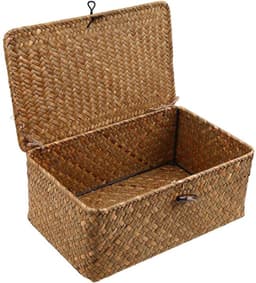 Woven Rattan Opbergmand met Deksel - Seagrass Wasmand en Make-up Organizer voor Badkamer, Woonkamer of Keuken (S) — thumbnail 1