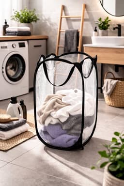 Opvouwbare Wasmand 36x36x59 cm – Met Stalen Frame & Ademend Polyester Gaas – Lichtgewicht met Handvatten – Zwart — thumbnail 2
