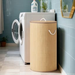 SONGMICS - Wasmand - Wasmand met Deksel - Bamboe - Opvouwbaar - Rond Design — thumbnail 4