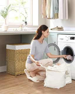 Wasmand met deksel, 90 liter, 2 vakken, uitneembare waszak met handgrepen, handgevlochten, voor slaapkamer, badkamer, 33 x 46 x 60 cm, naturel kleur — thumbnail 2