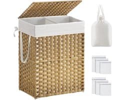 Wasmand met deksel, 90 liter, 2 vakken, uitneembare waszak met handgrepen, handgevlochten, voor slaapkamer, badkamer, 33 x 46 x 60 cm, naturel kleur