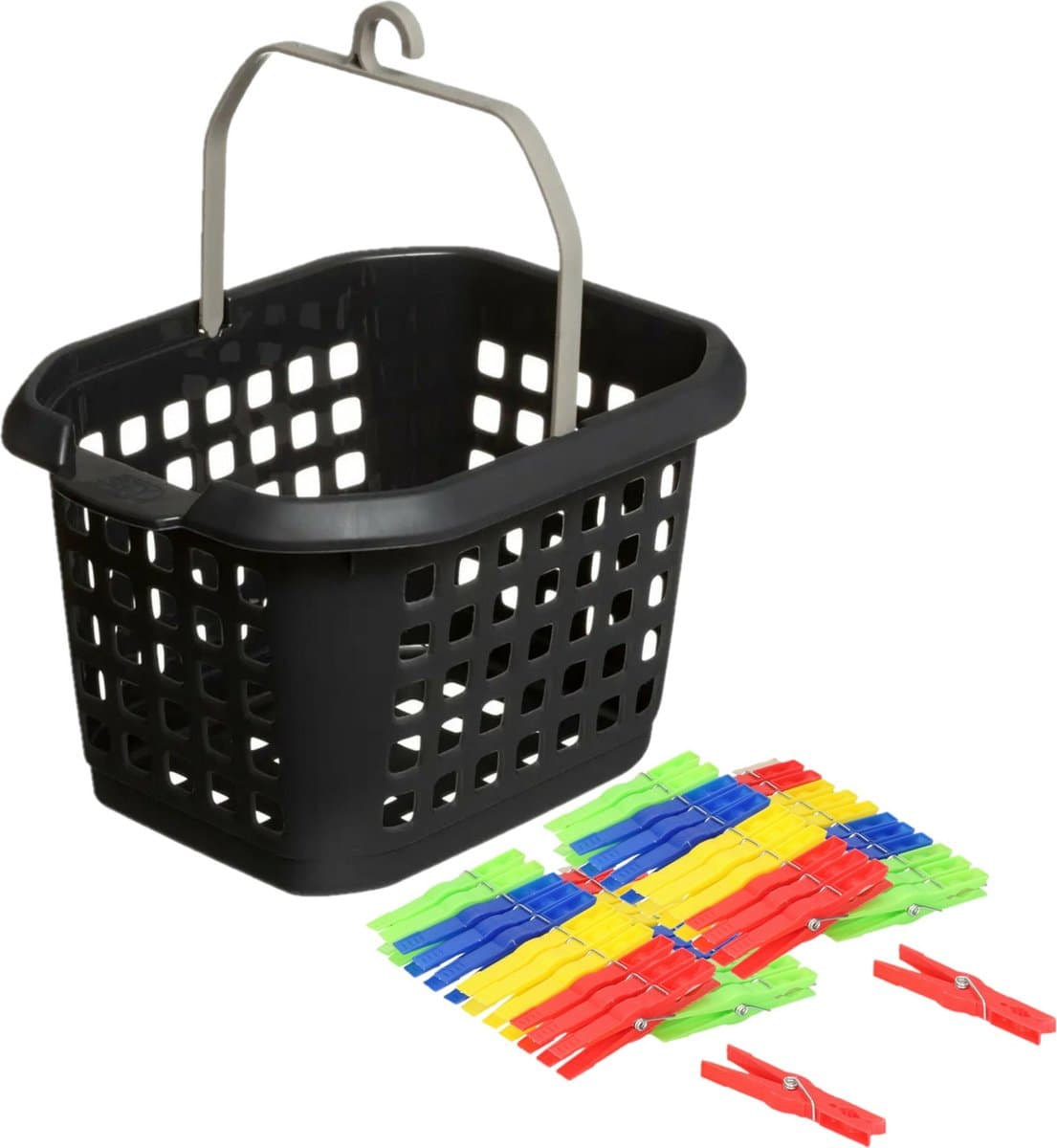 Wasknijpers ophang mandje/bakje - zwart - met 48x plastic knijpers — afbeelding 1