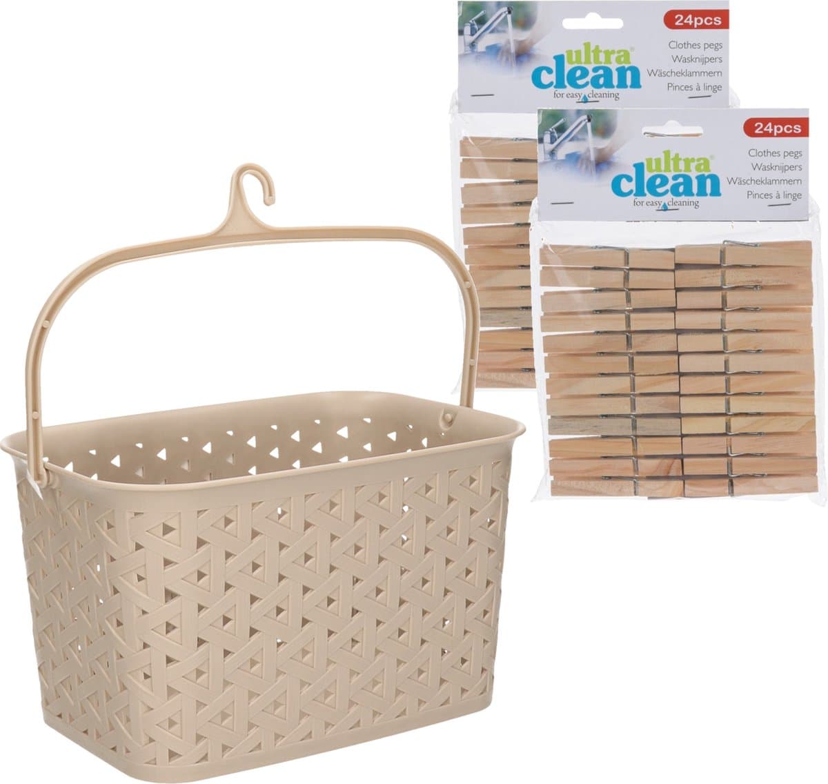 Wasknijpersmandje met ophanghaak - beige - en 48x houten wasknijpers 7 cm - was ophangen — afbeelding 1