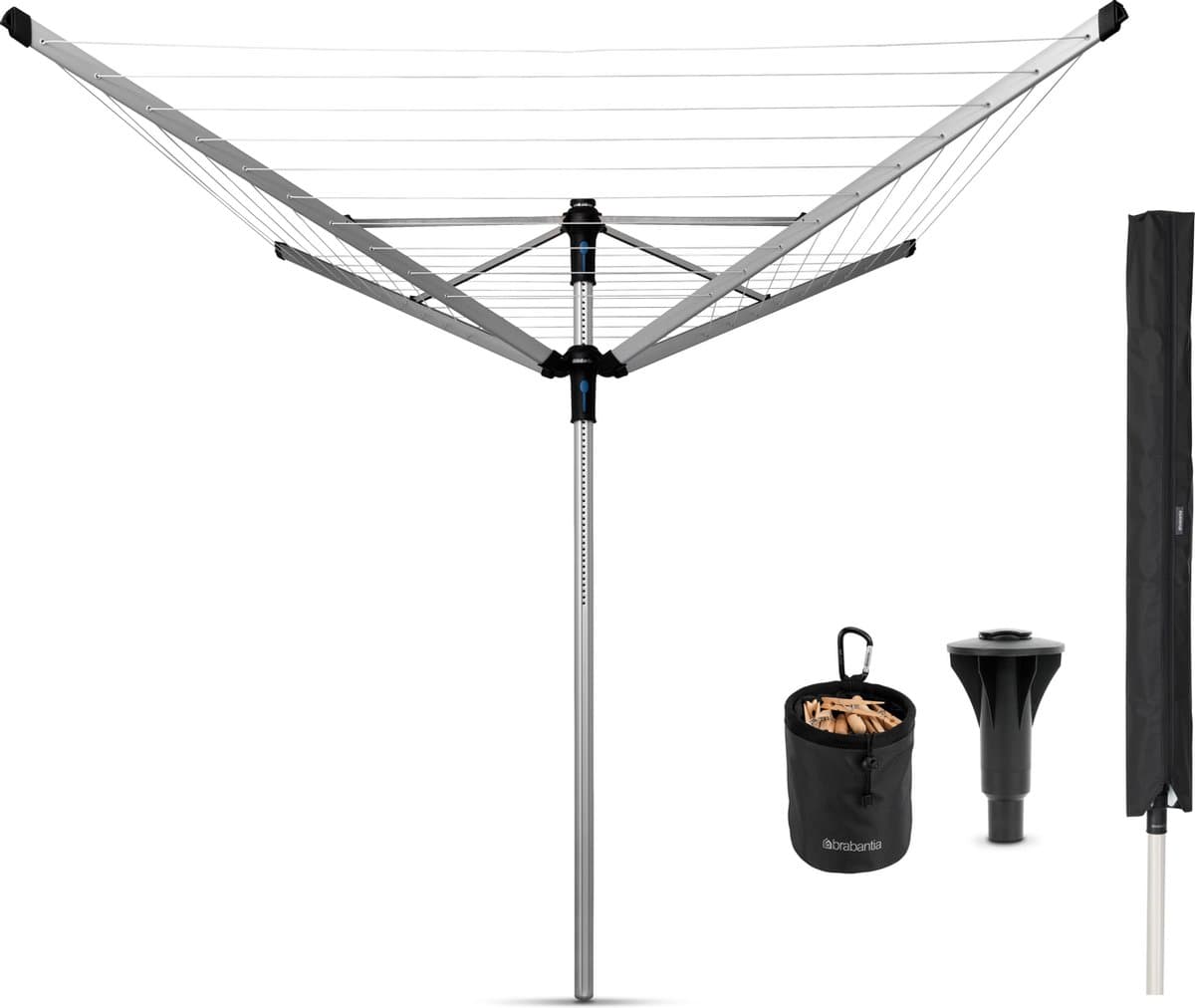 Brabantia Lift-o-Matic Advance Droogmolen - met Kunststof Betonanker, Beschermhoes en Wasknijpertasje - 50 m - Metallic Grey — afbeelding 1