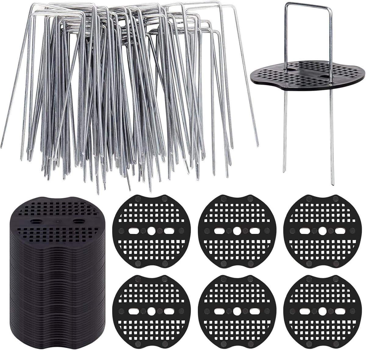 50 grondankers en 50 bufferdisc, roestbestendige stalen U-vormige nagels voor het bevestigen van folie, kunstgras en onkruiddoek, ideale bevestiging voor tuinprojecten en grondbedekking 150 x 40 mm, diameter 2.2 mm — afbeelding 1