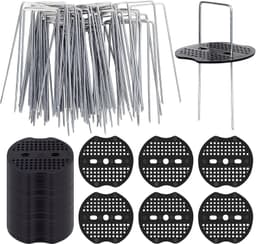 50 grondankers en 50 bufferdisc, roestbestendige stalen U-vormige nagels voor het bevestigen van folie, kunstgras en onkruiddoek, ideale bevestiging voor tuinprojecten en grondbedekking 150 x 40 mm, diameter 2.2 mm — thumbnail 1