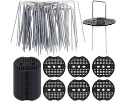 50 grondankers en 50 bufferdisc, roestbestendige stalen U-vormige nagels voor het bevestigen van folie, kunstgras en onkruiddoek, ideale bevestiging voor tuinprojecten en grondbedekking 150 x 40 mm, diameter 2.2 mm