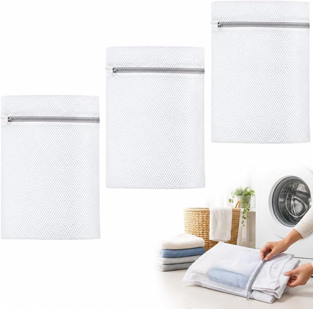 Duurzame Waszakken Set van 3 - Ademende Mesh Wasnetten met Rits 50x40cm voor Kledingbescherming, Antiklit en Reisopslag — afbeelding 1