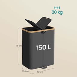 Wasmand 52 x 38,5 x 75 cm Zwart Inhoud van 150 liter Dubbele vakverdeling Met deksel tegen geurtjes+afneembare binnenzak Stevige en duurzame constructie Waterafstotend en gemakkelijk te reinigen Geschikt voor wasruimte, slaapkamer en woonkamer — thumbnail 2