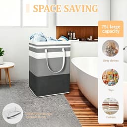 75L, katoen en linnen wasmanden met handgrepen voor slaapkamers, badkamers, woonkamers, opvouwbare wasmand voor huishoudelijke artikelen, kleding, speelgoed, zwartgrijze strepen, waterdichte — thumbnail 4