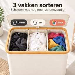 YYchan Wasmand 3 Vakken-Wasmand Met Deksel-Wassorteerder Bamboe-Oxford-Stof-Laundry Basket-Classificatielabel-Beige-145L — thumbnail 3