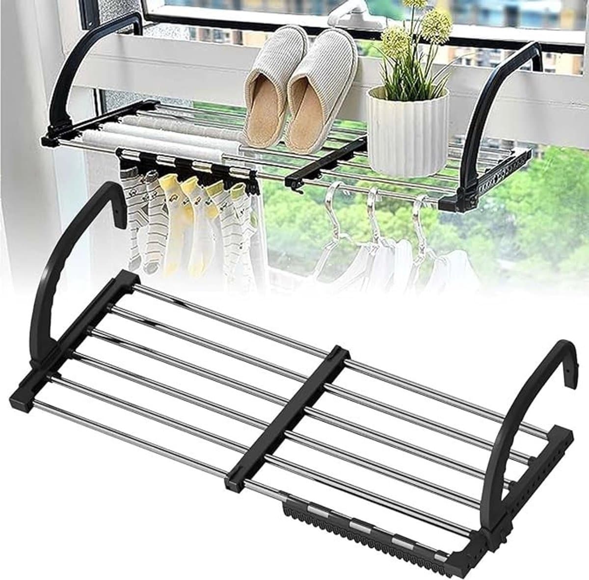PolkaHome Uitschuifbaar Droogrek Balkondroger 44-76 cm - Opvouwbaar Wasrek voor Binnen en Buiten - Zwart — afbeelding 1