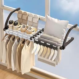 PolkaHome Uitschuifbaar Droogrek Balkondroger 44-76 cm - Opvouwbaar Wasrek voor Binnen en Buiten - Zwart — thumbnail 2