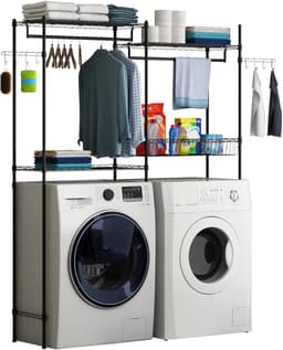 Triumpunpre - 4‑Laags Opbergrek Boven Wasmachine En Droger - Verstelbaar Wasruimte Organisator Met Kledingstang - Draadmand, Haken En Wasmand — thumbnail 1
