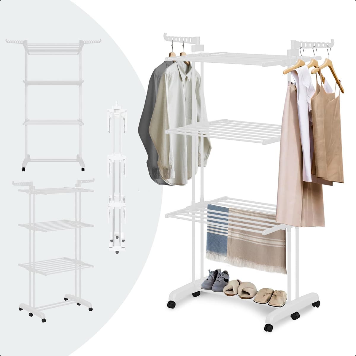 BAUER & MEYER® - Droogtoren met wieltjes - Inklapbaar poten - Incl. 20 wasknijpers - Wastoren - 173 x 75 x 63 cm - Wit — afbeelding 1
