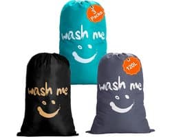 Set van 3 Waszakken met Trekkoord, 120L, Grote Capaciteit voor Kleding, Speelgoed en Dekens, Donkergrijs, Blauw en Zwart