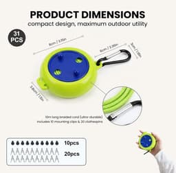 waslijn, 10 m, draagbaar, van polyester, 4 mm, met ABS-behuizing, metalen haken, 10 clips en 20 roestvrijstalen klemmen, camping, balkon, tuin, badkamer — thumbnail 5