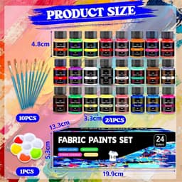 24 x 25 ml, textielverf, wasmachinebestendig, 3D-stofkleuren, wasbestendig, stofverf met 10 penselen voor kleding, textielverf voor T-shirt, schoenen, jeans, tassen, kleding, glas, hout — thumbnail 2