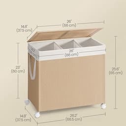 Waskorf 66,5 x 37,5 x 65 cm, Wasmand met 3 Compartimenten, 140 Liter, Vuile Wasmand met Deksel, Uitneembare Waszak met Handvat, 4 Wielen, 2 Remmen, Wasgoed Sorteren, Wasmand van Synthetisch Rotan, Metaal en Polyester-Katoen, Naturel, voor Wasruimte — thumbnail 2