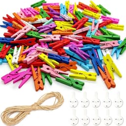 Wasknijpers van hout met 10 m jute koord en 10 wandspijkers, kleine houten knijpers voor foto's, foto's, ansichtkaarten, kleurrijke mini-klemmen voor doe-het-zelf knutselen en decoratie — thumbnail 1